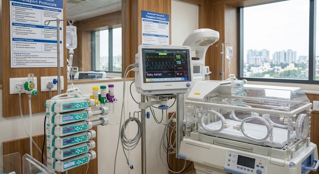 Neonatal intensive care unit with an incubator and monitoring equipment