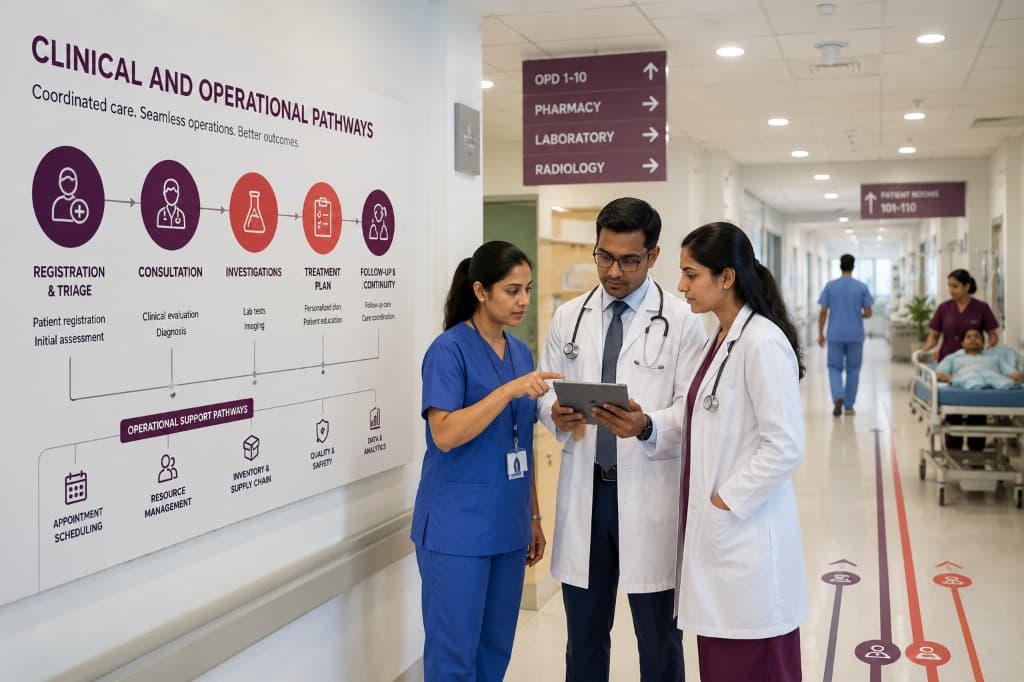 Clinicians reviewing operational pathways in a hospital corridor