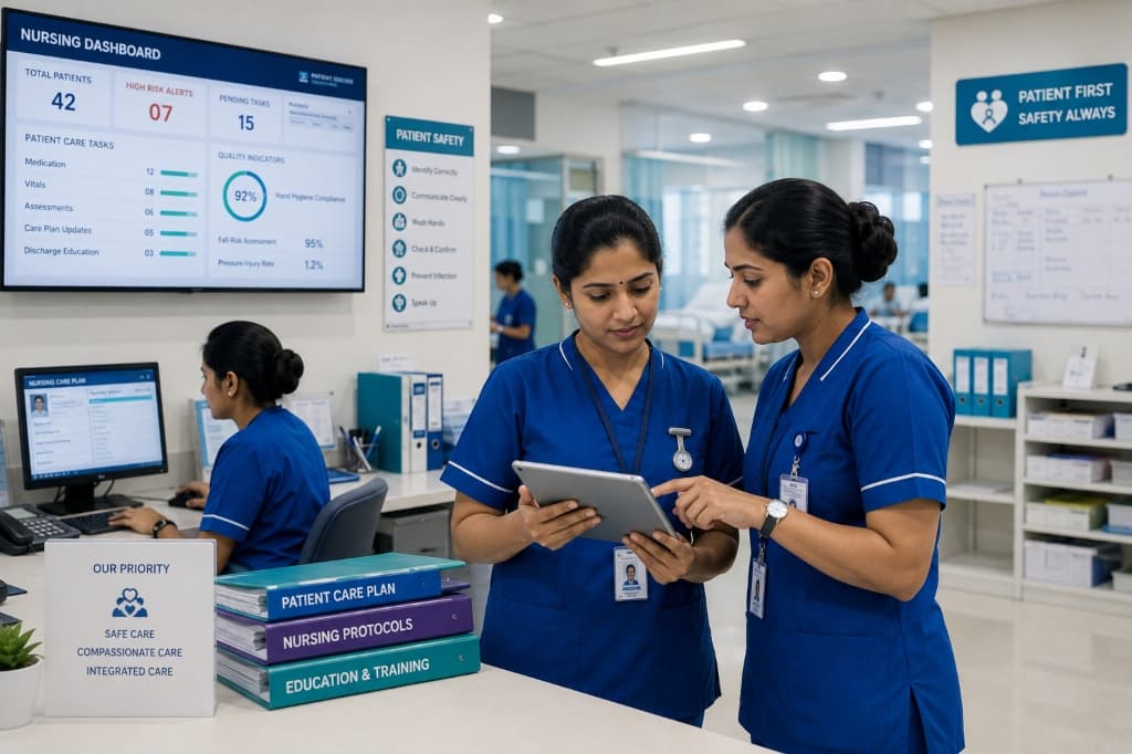 Clinician using a tablet-based clinical record at a ward station