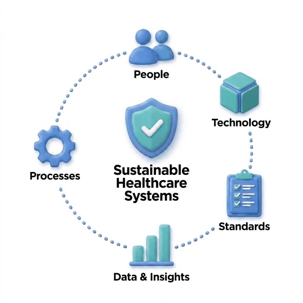 Diagram of a sustainable healthcare system linking people, processes, technology and data